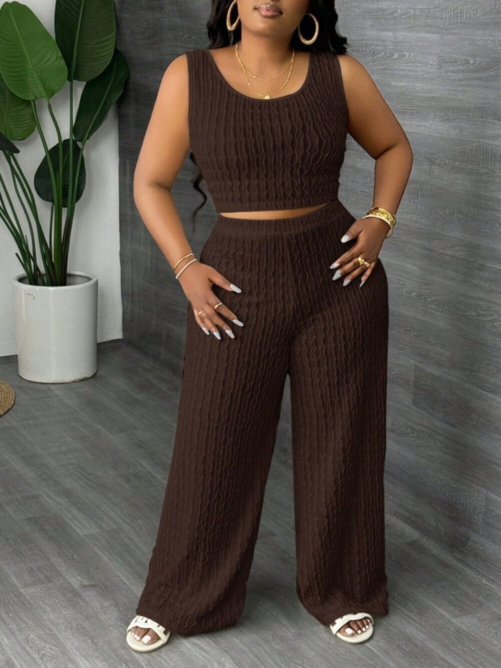 Brown Casual Women's Plus Size Sleeveless Pants Set - Picture 3 of 5
